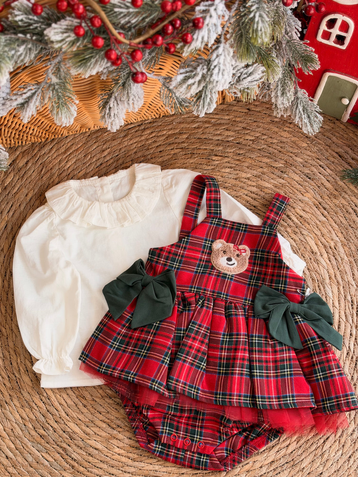 Red Tartan Baby Pinafore Dress With Teddy Bear