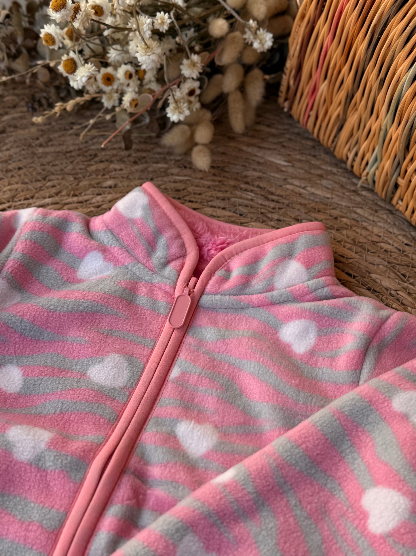 Girls’ Fleece Jacket – Pink Zebra Stripes with White Hearts
