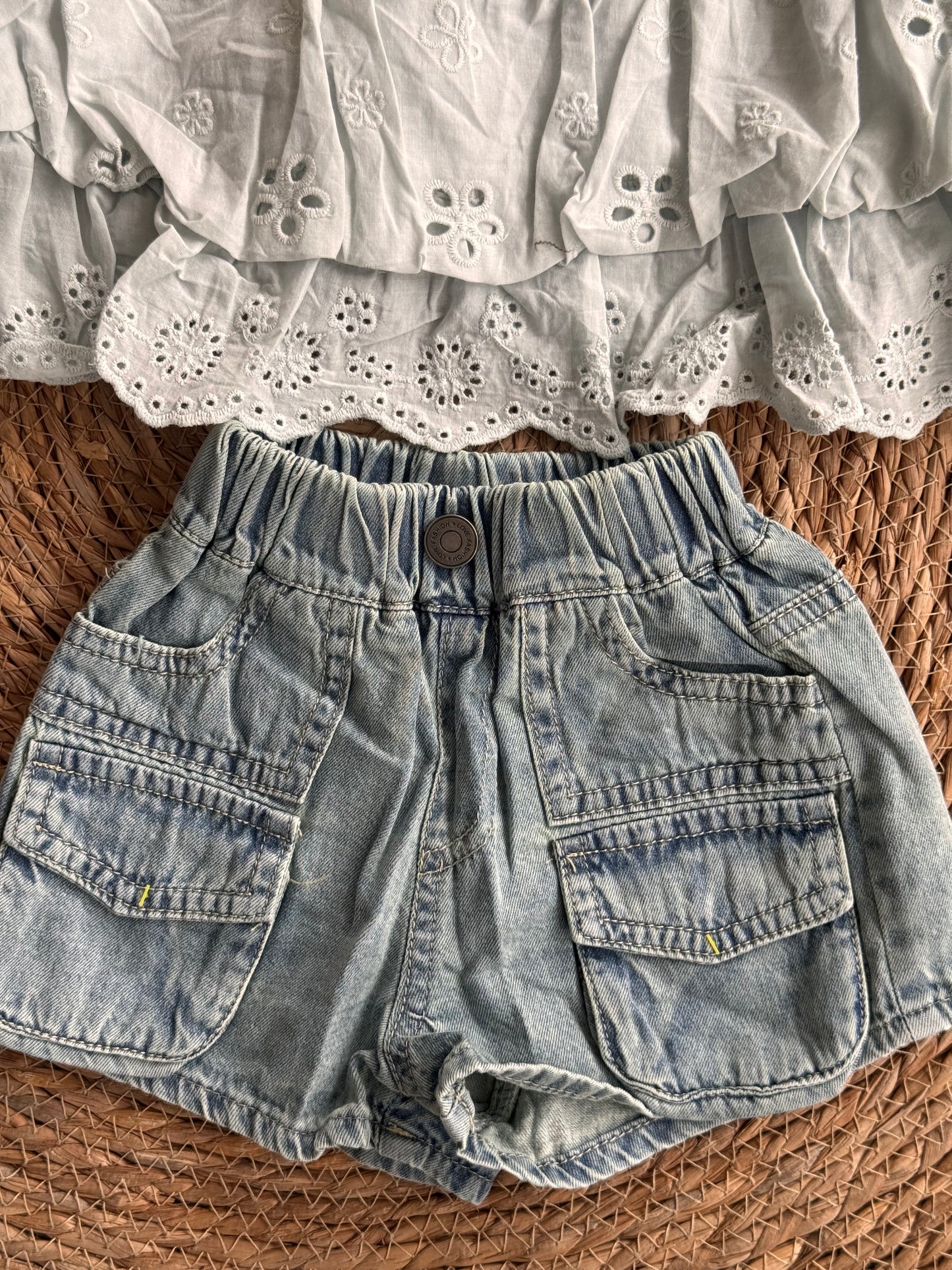 Pastel Bead Eyelet Top & Denim Cargo Shorts Set