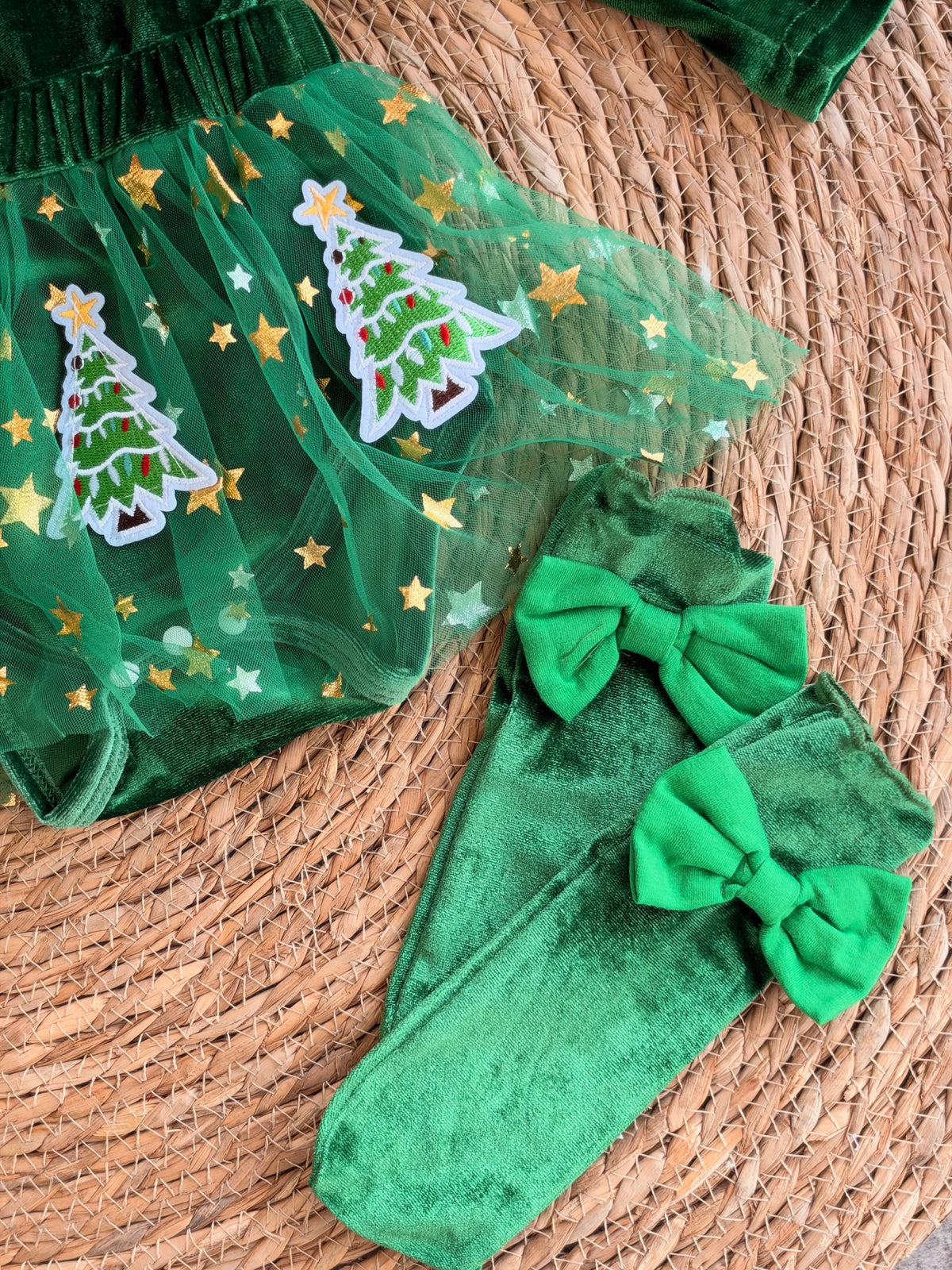 Emerald Christmas Tree Velvet Baby Dress Set-Green