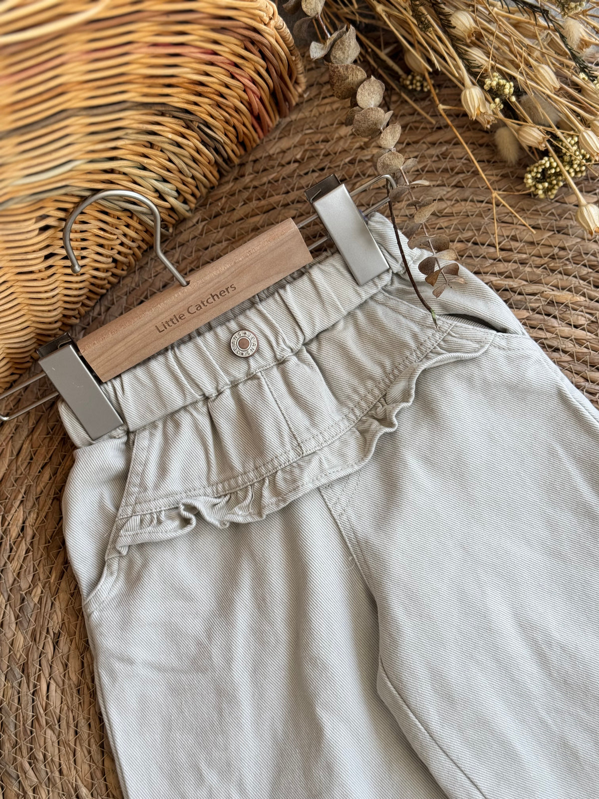 Ruffle Waist Denim Pants-Light grey
