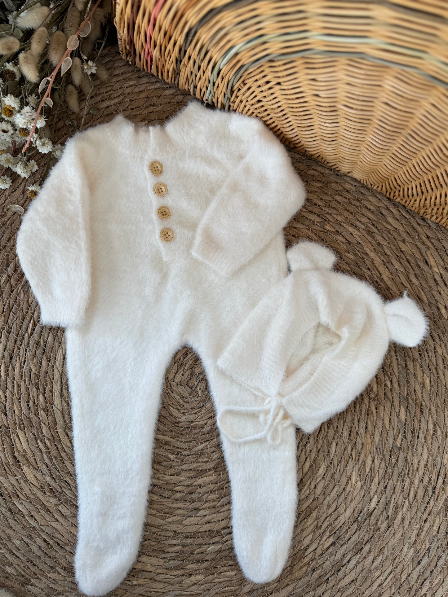 Fluffy Knit Baby Romper with Bonnet