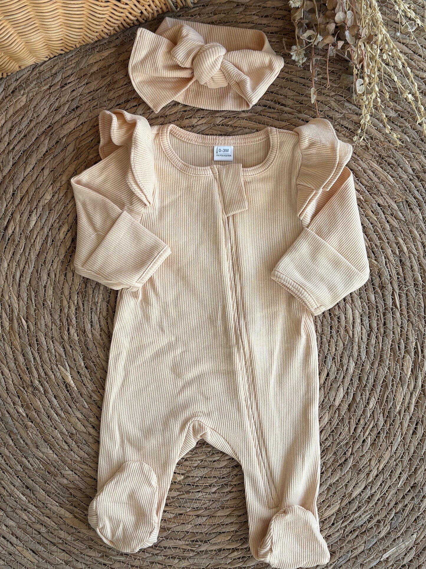 Ribbed Ruffle Footed Overall With Headbands-beige