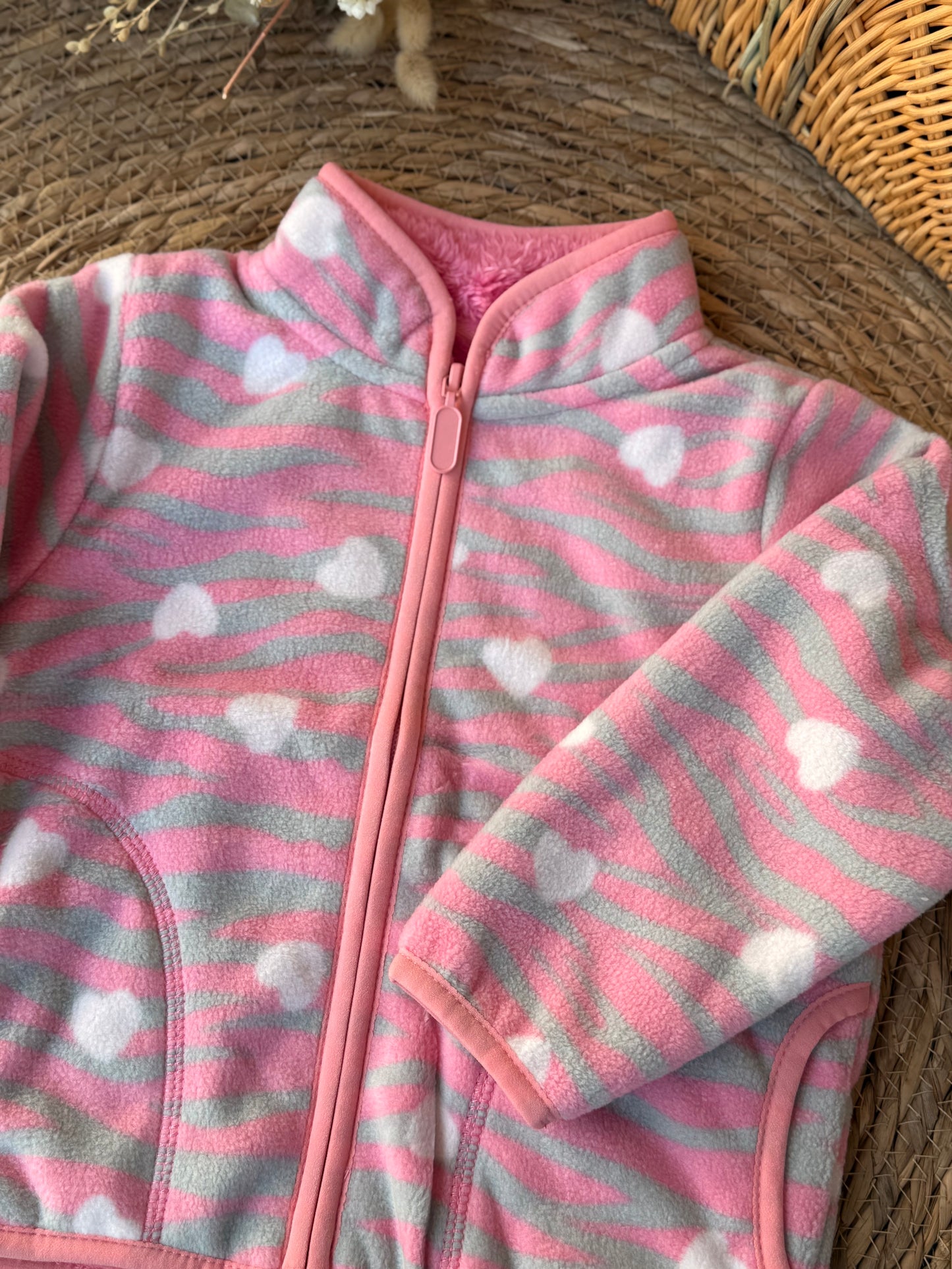 Girls’ Fleece Jacket – Pink Zebra Stripes with White Hearts