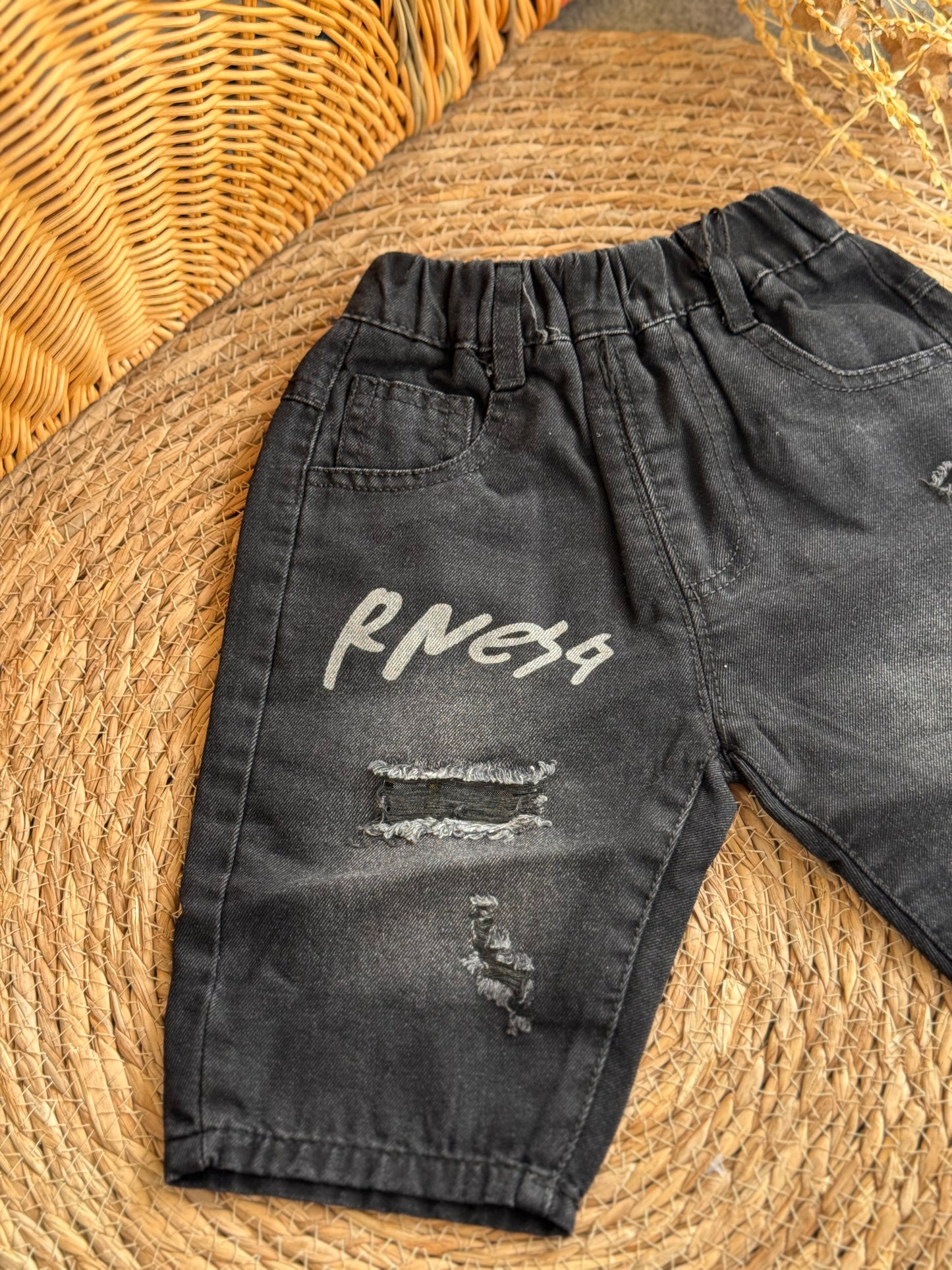 Distressed Denim Long Shorts – Washed Black