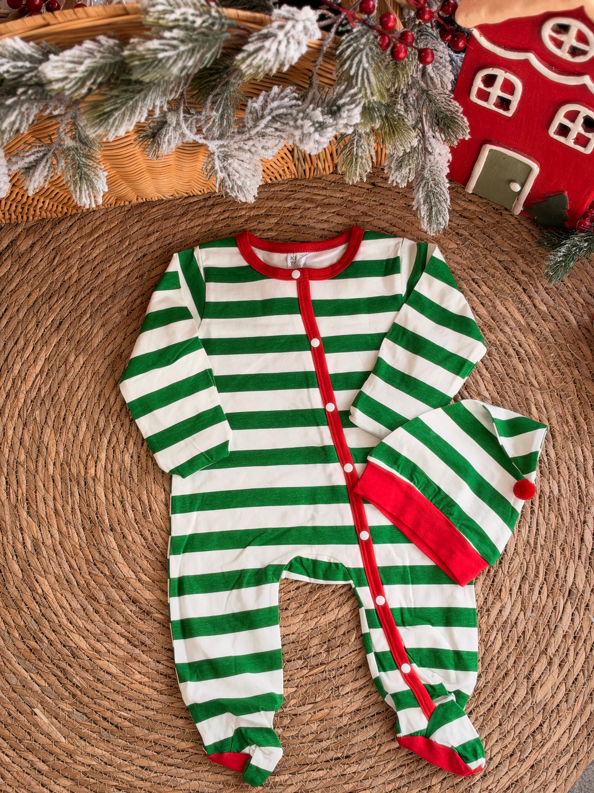 Christmas Elf Overall with hat-Green & White Stripes