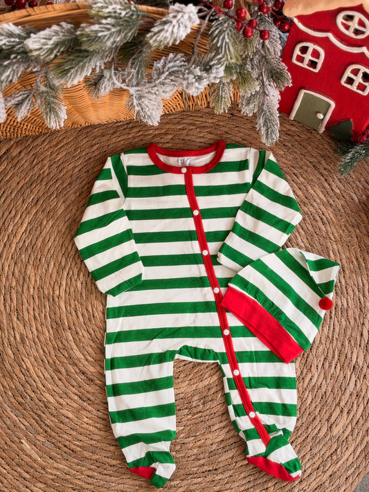 Christmas Elf Overall with hat-Green & White Stripes