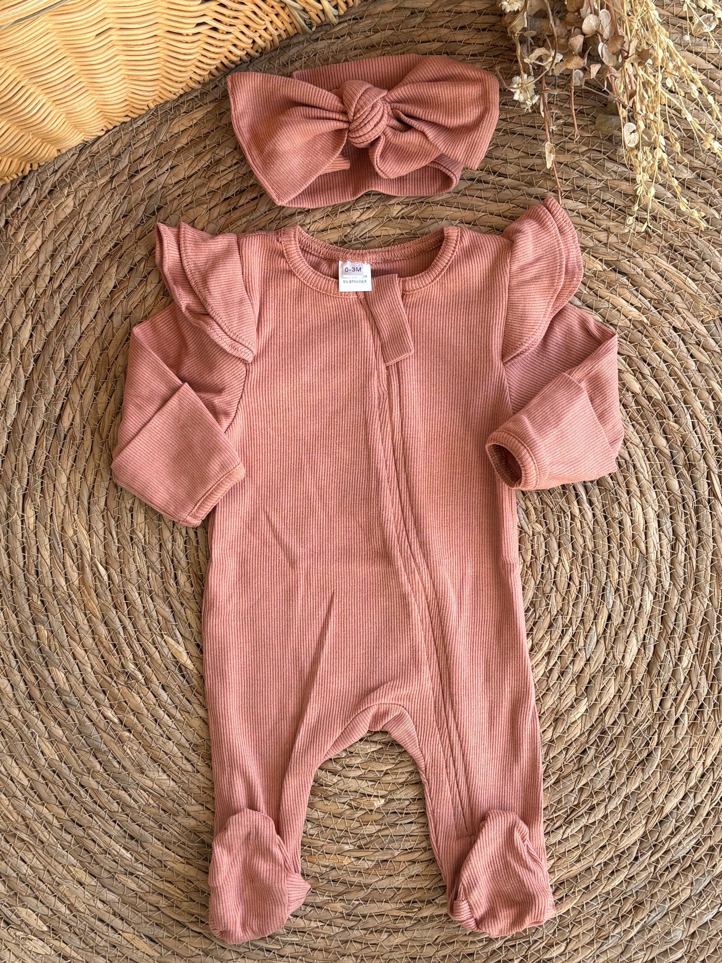 Ribbed Ruffle Footed Overall With Headbands-Rose Clay