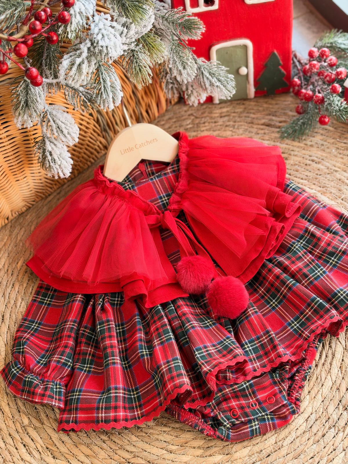 Red Tartan Baby Dress With Tulle Cape