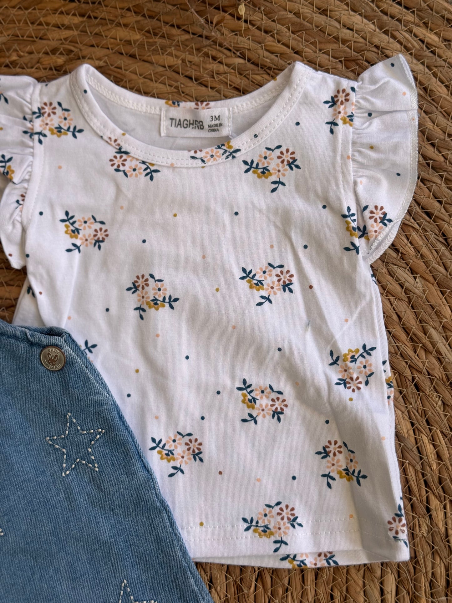 Baby Floral Tee & Star Denim Pinafore Set