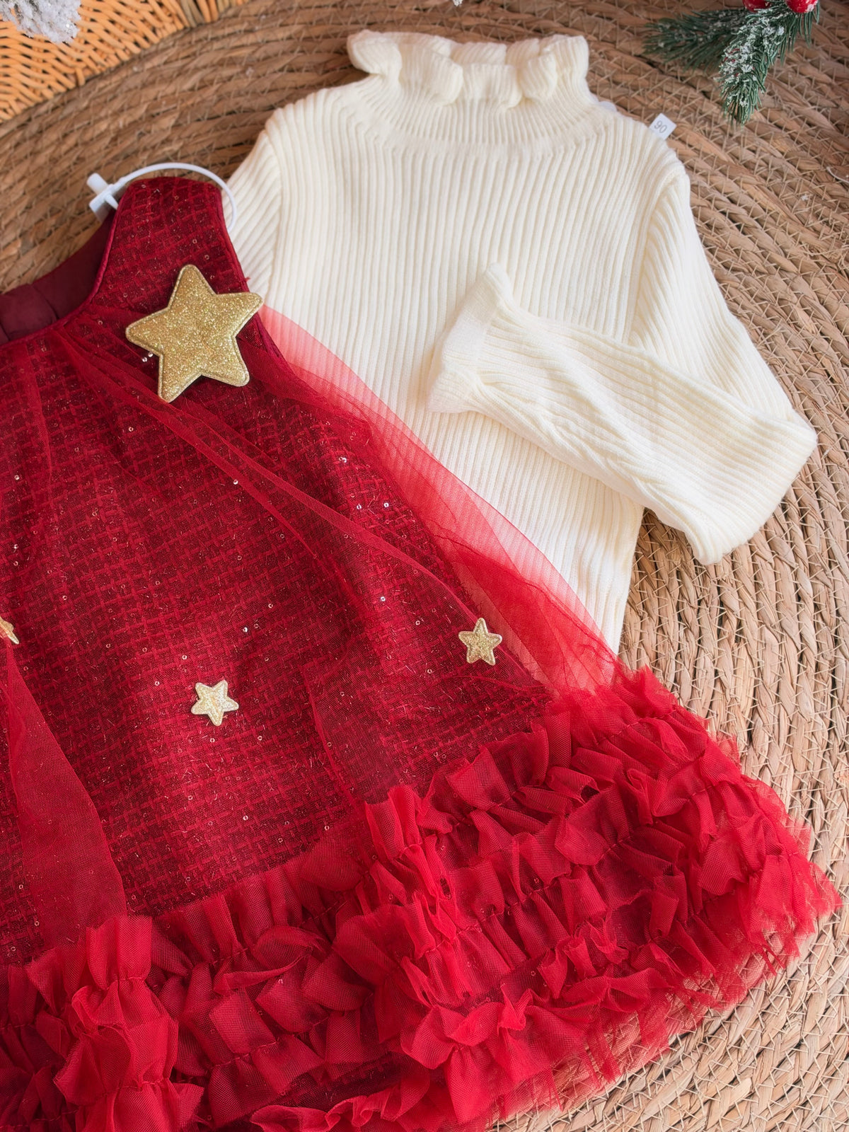 Christmas Star Red Velvet Girl Dress With Ivory Knit Sweater