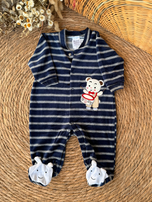 Baby Striped Footed Sleepsuit with Bear Drummer – Navy