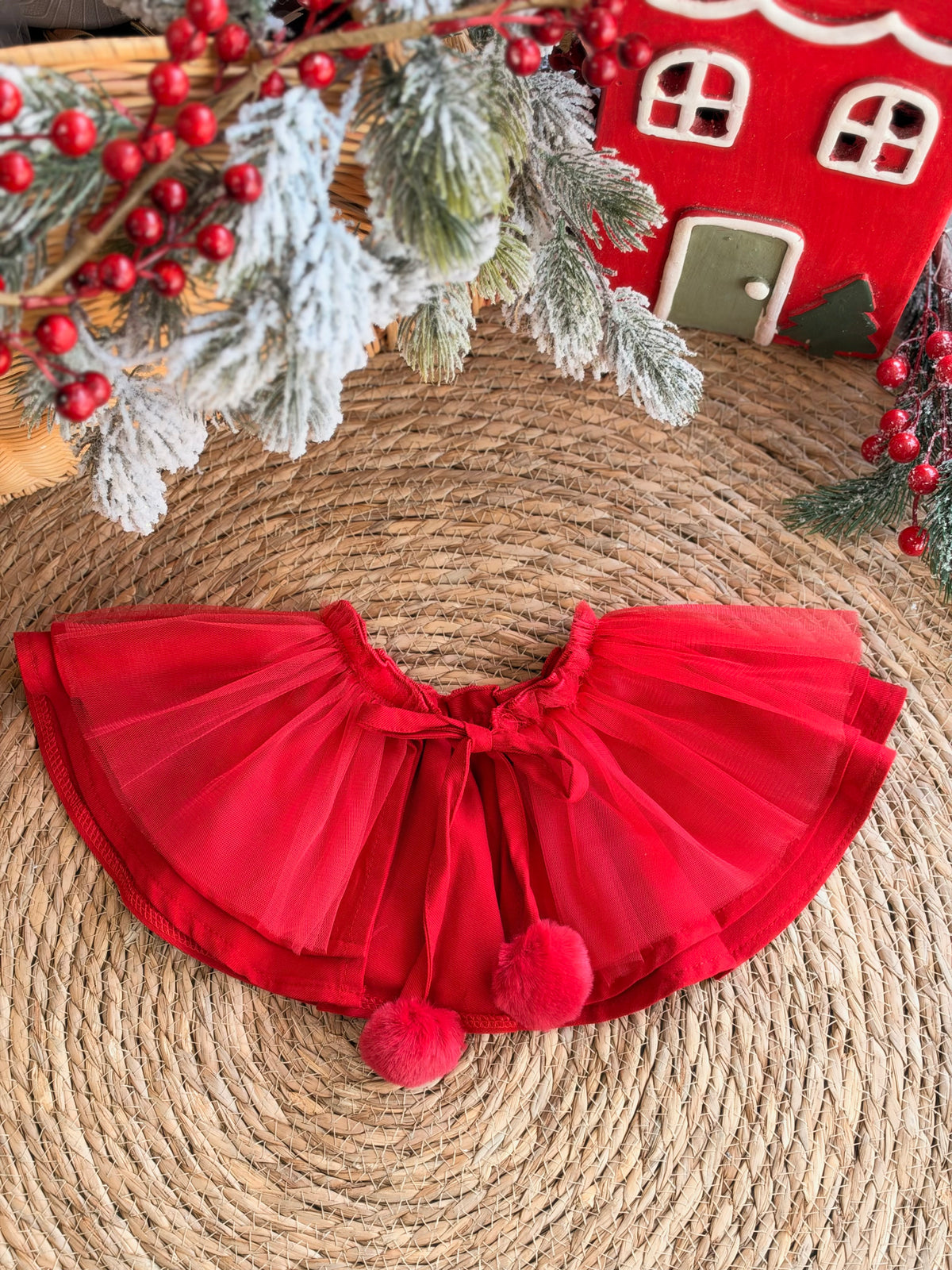Red Tartan Baby Dress With Tulle Cape