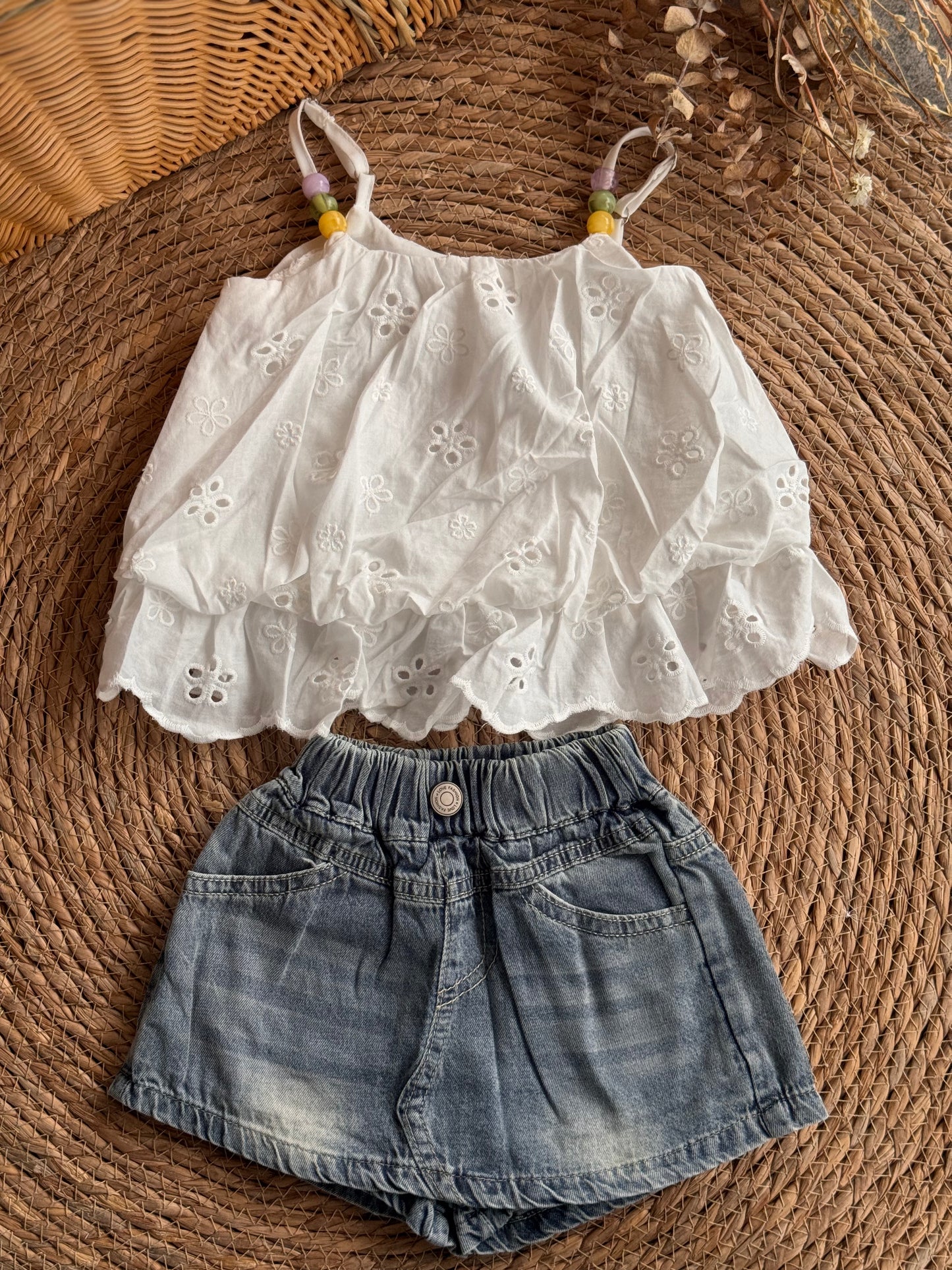 Sweet Eyelet Bead Strap Top & Denim Skort Set
