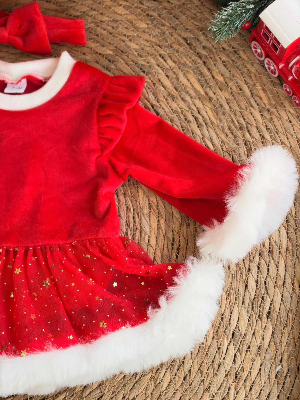 Red Christmas Baby Dress With White Faux Fur Trim & headband