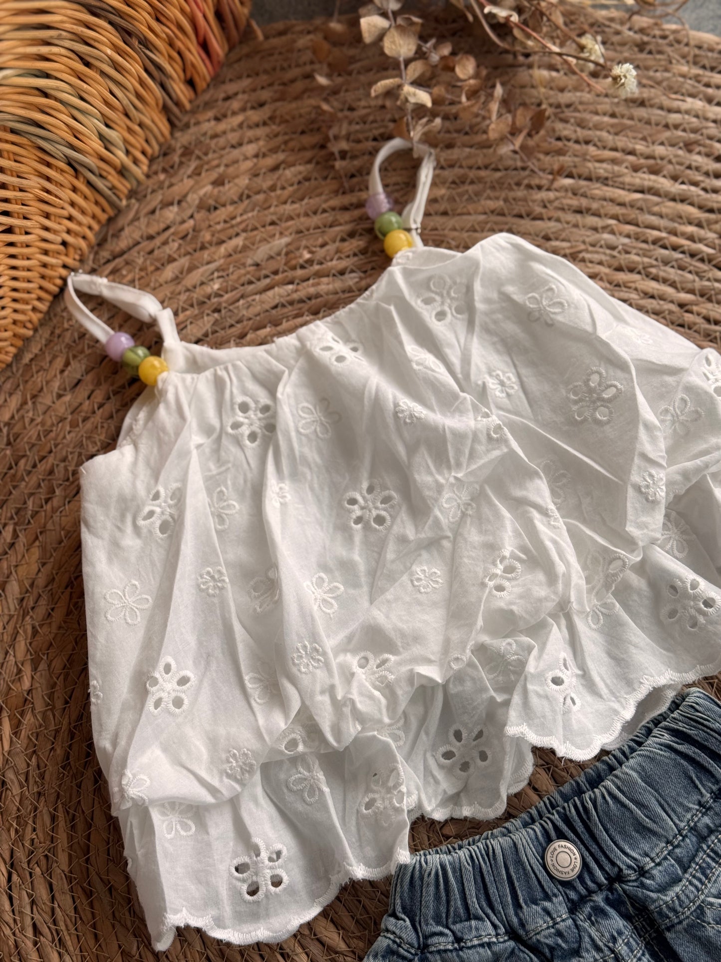 Sweet Eyelet Bead Strap Top & Denim Skort Set