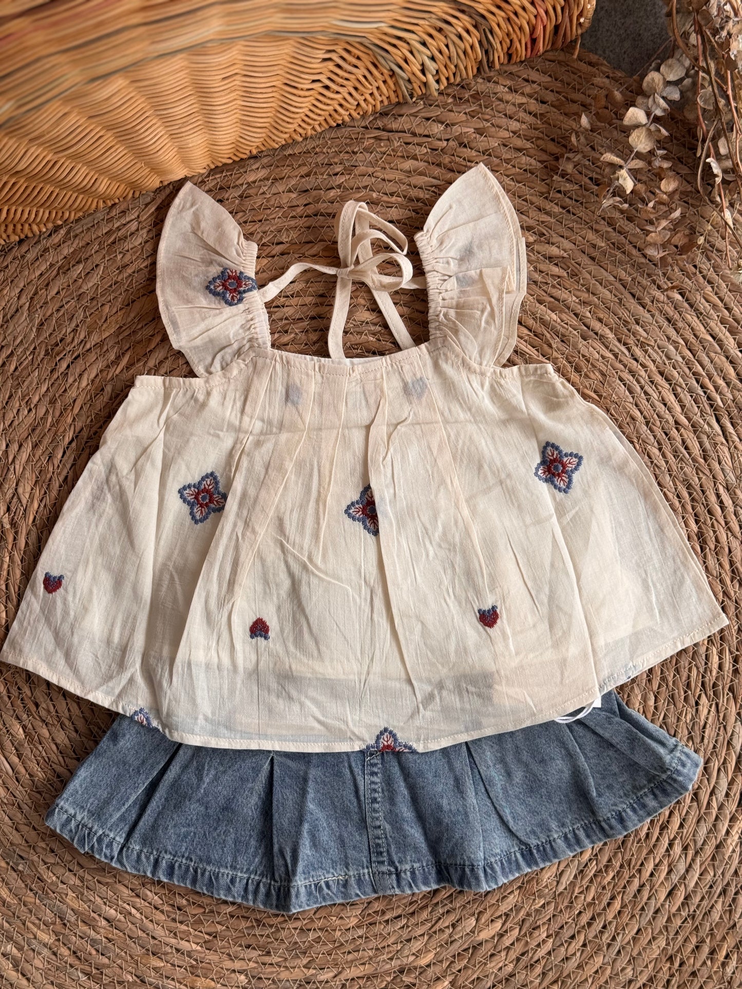 Boho Blossom Embroidered Top & Denim Skirt Set