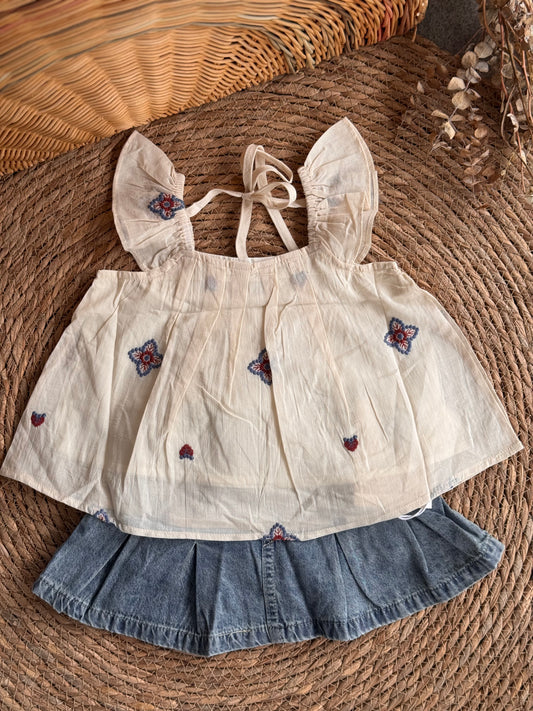 Boho Blossom Embroidered Top & Denim Skirt Set