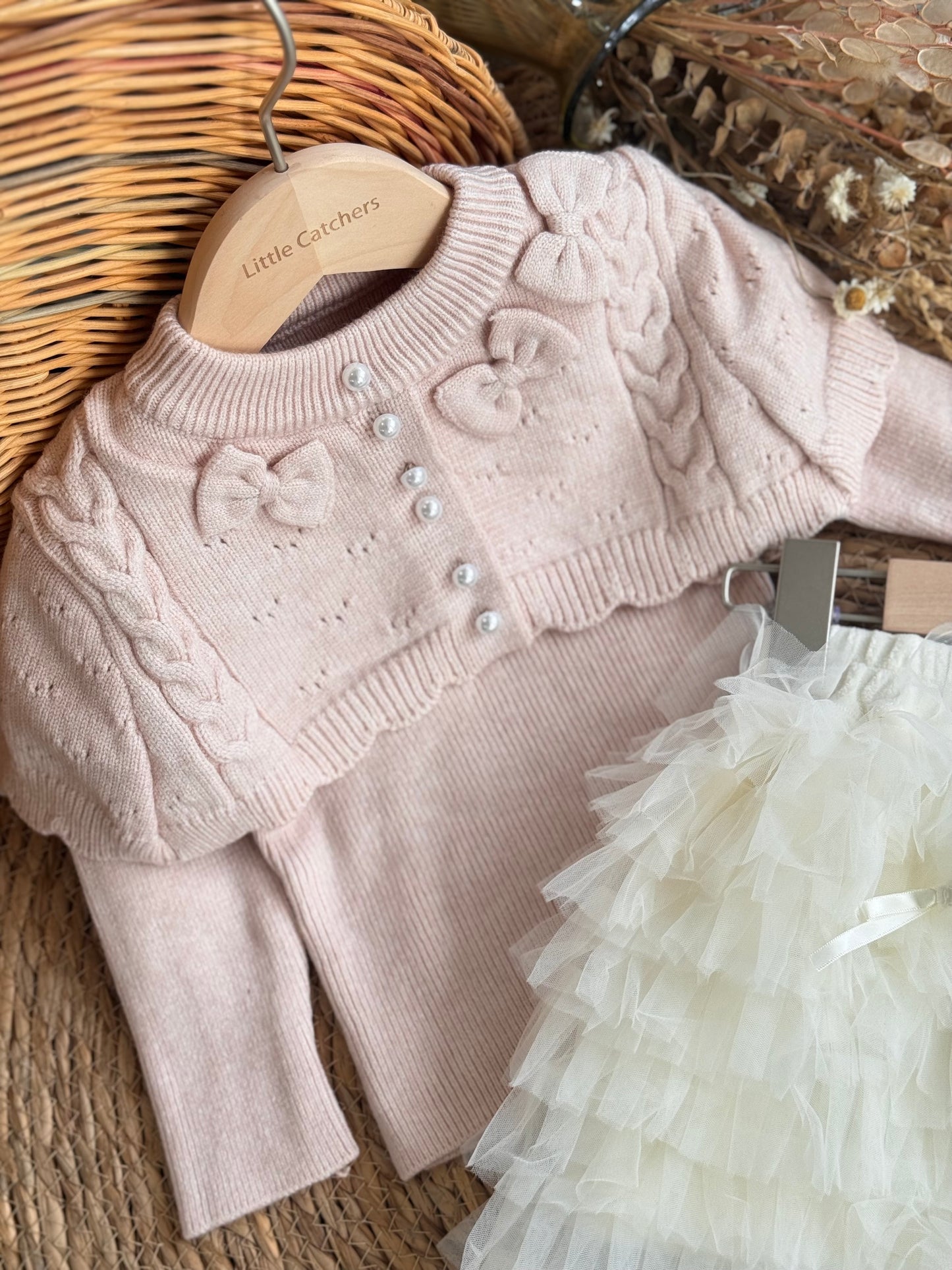 Blush Bow Knit & Tulle Skirt Set
