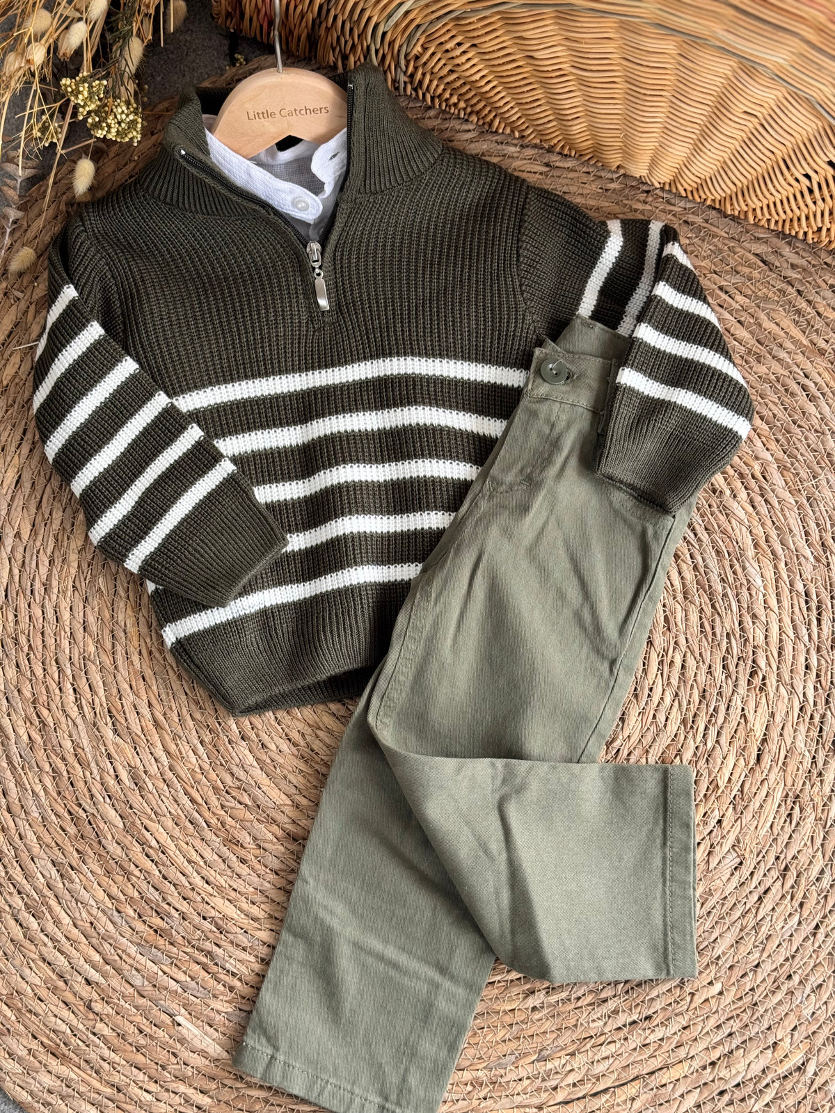 Monochrome Striped Knit Cardigan-Sage green