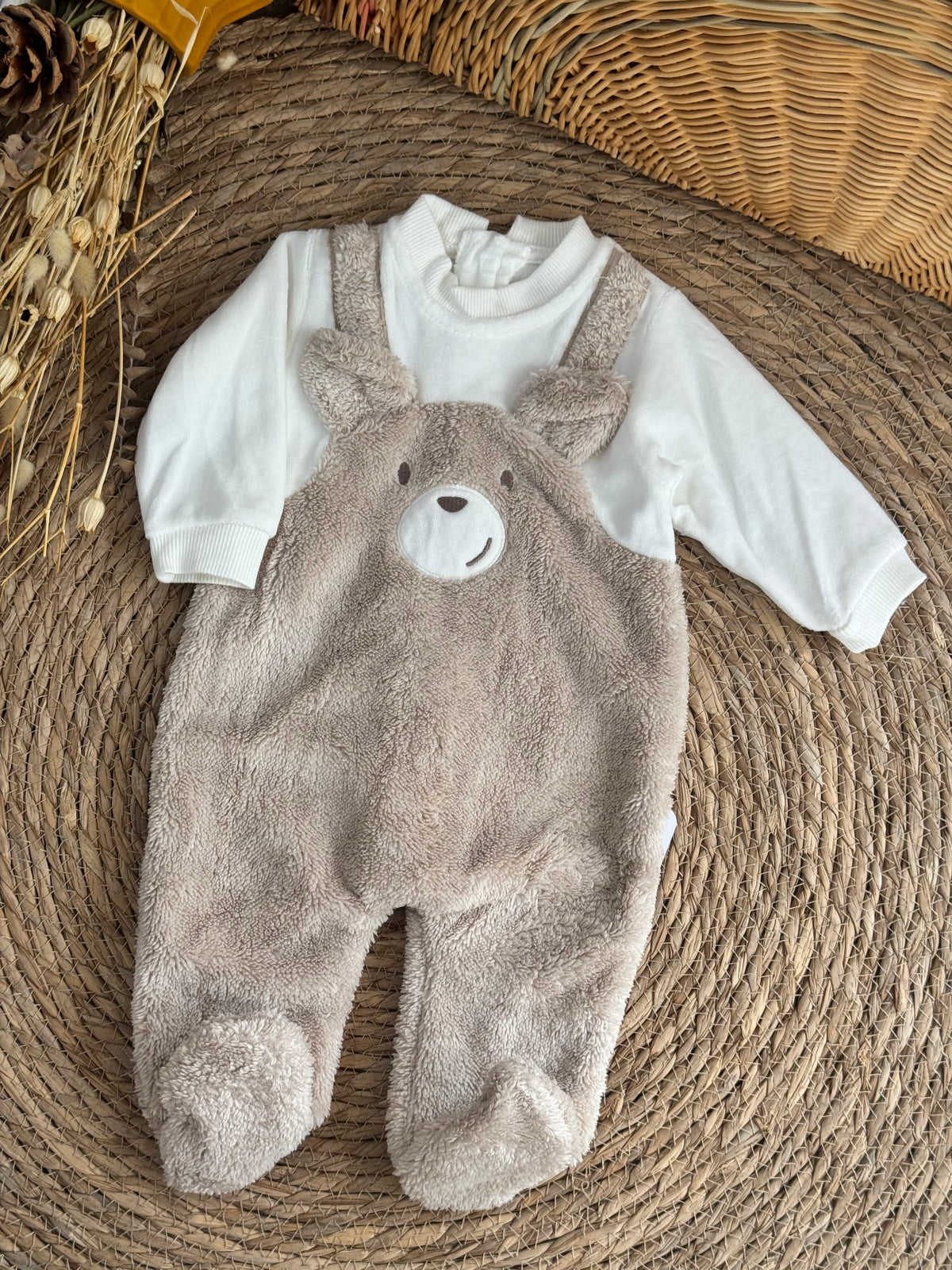 Bear Velvet Overall-Beige