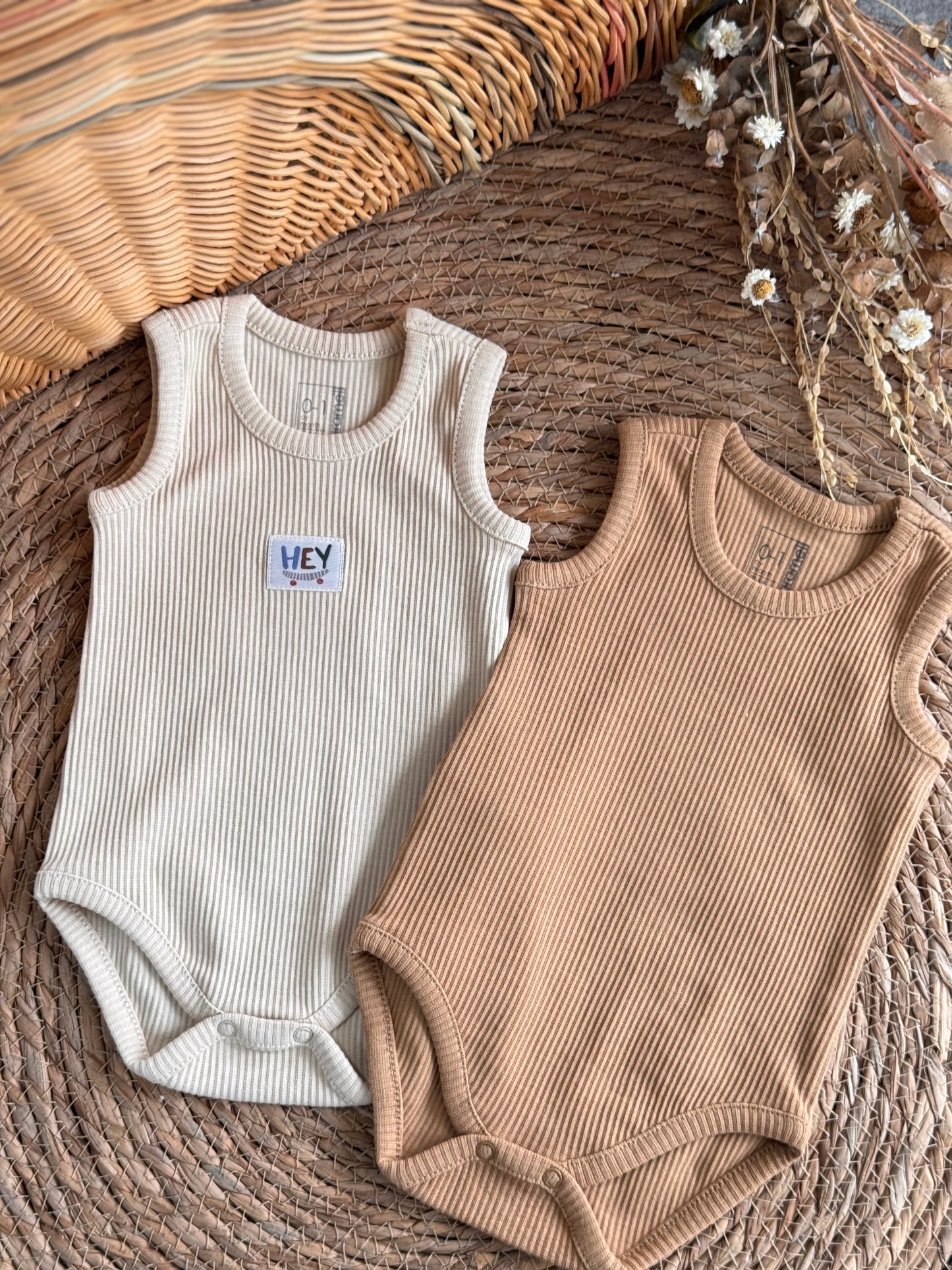 “HEY”Ribbed Sleeveless Bodies Set of 2pcs-Havane