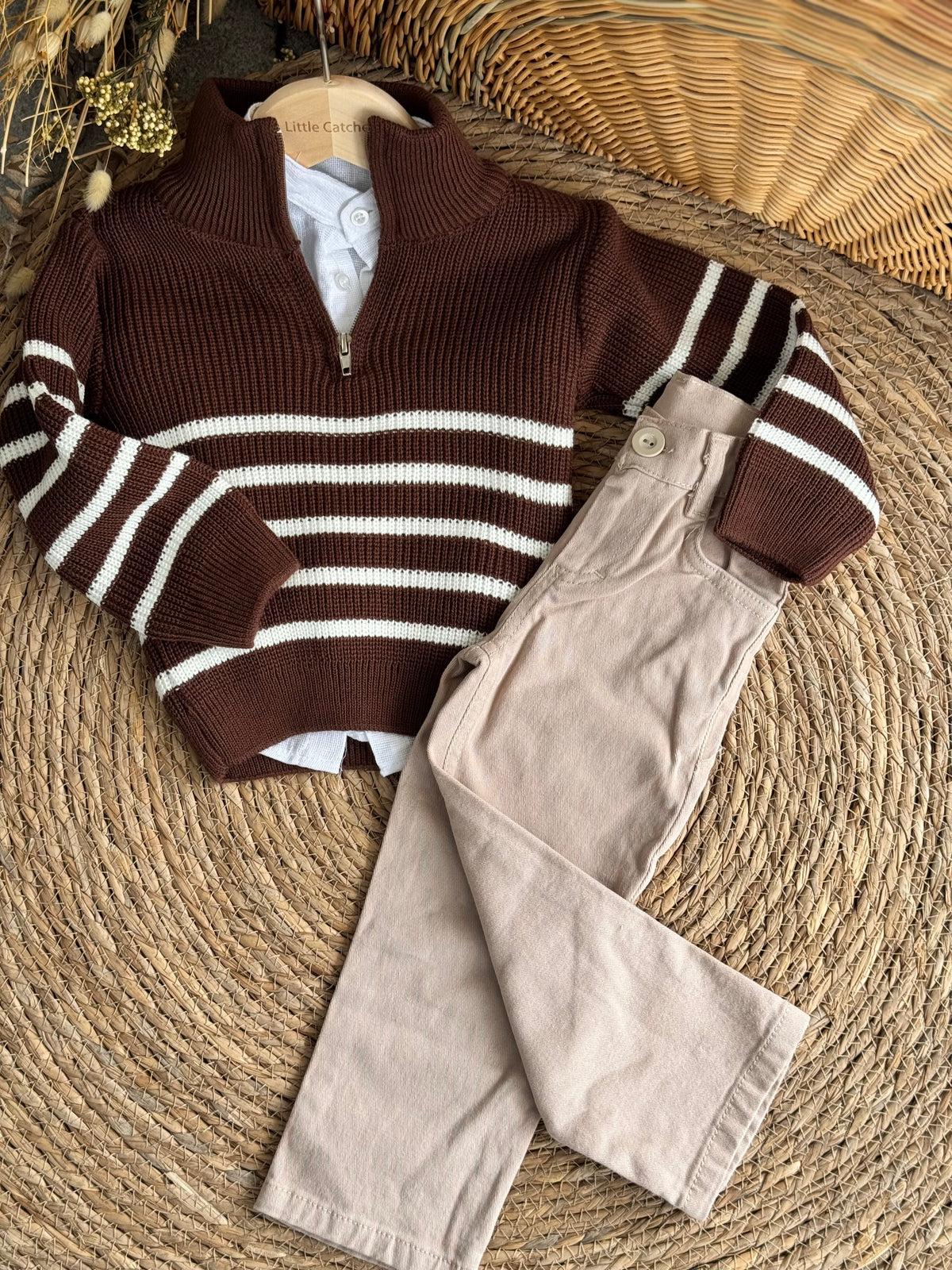 Monochrome Striped Knit Cardigan-Brown