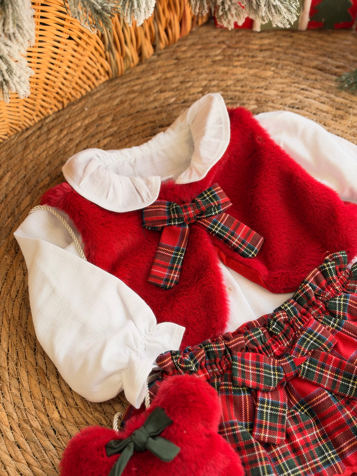 Little Miss Christmas-Red Velvet & Tartan Skirt Set of 4 pcs