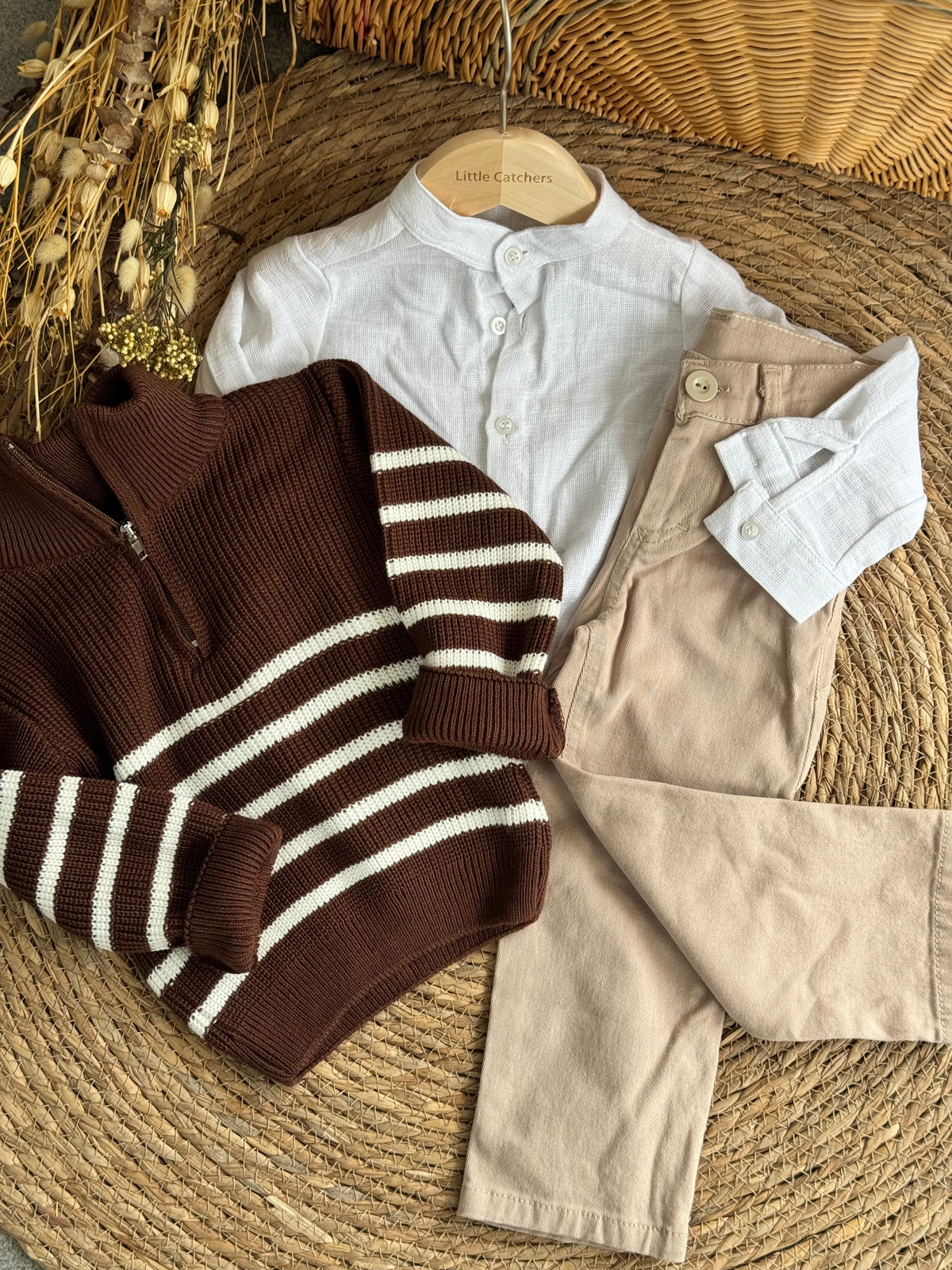 Monochrome Striped Knit Cardigan-Brown