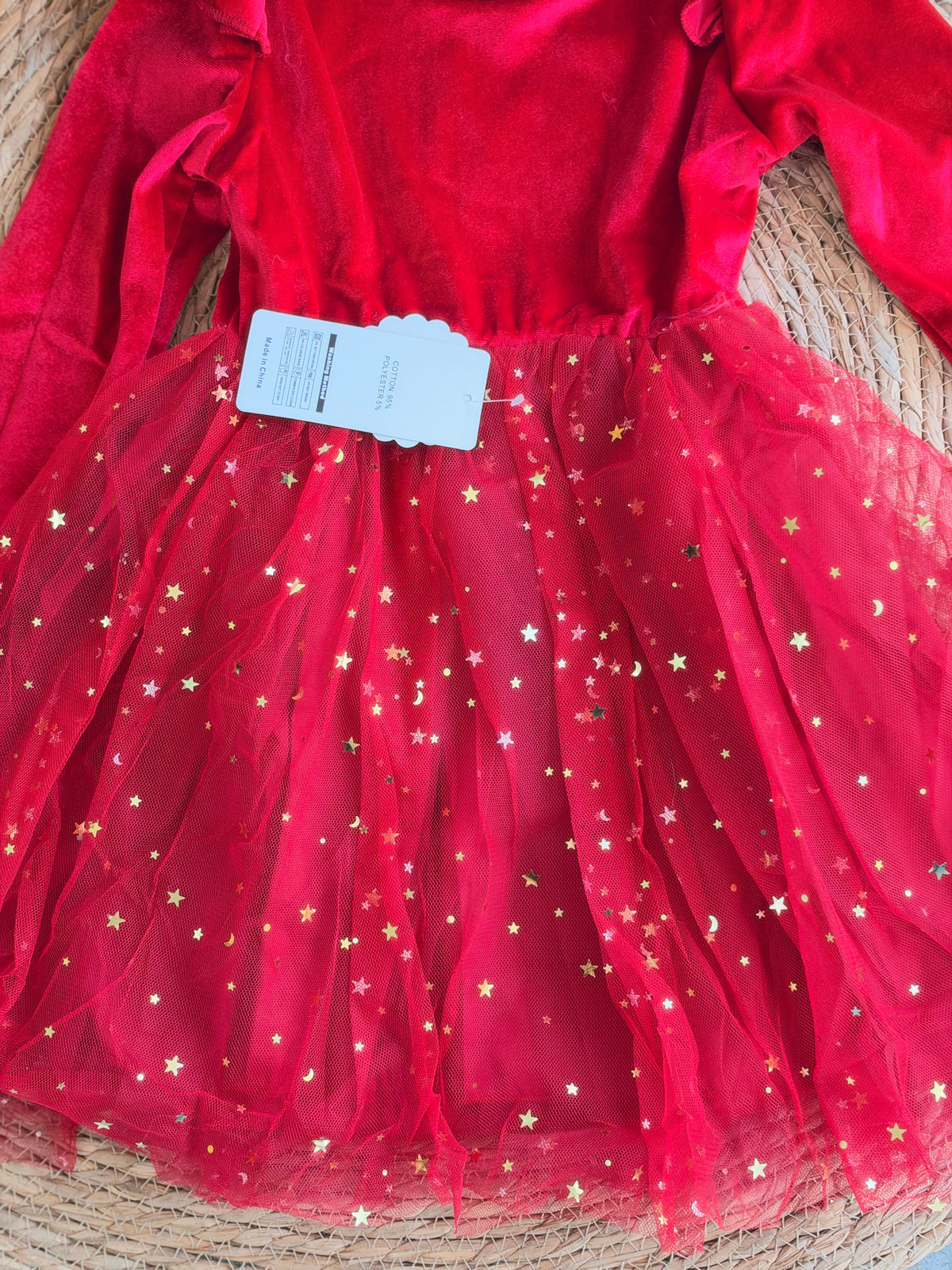 Christmas Red Velvet Dress With Starry Tulle Skirt