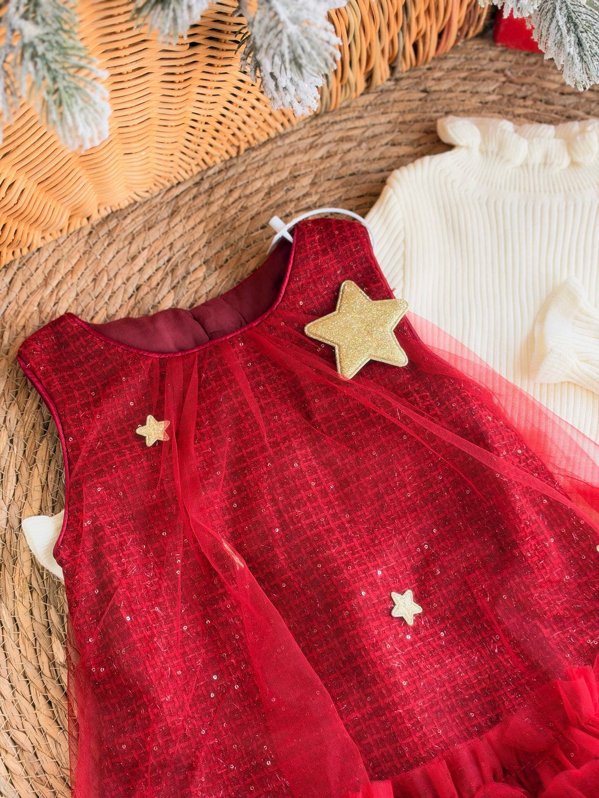 Christmas Star Red Velvet Girl Dress With Ivory Knit Sweater