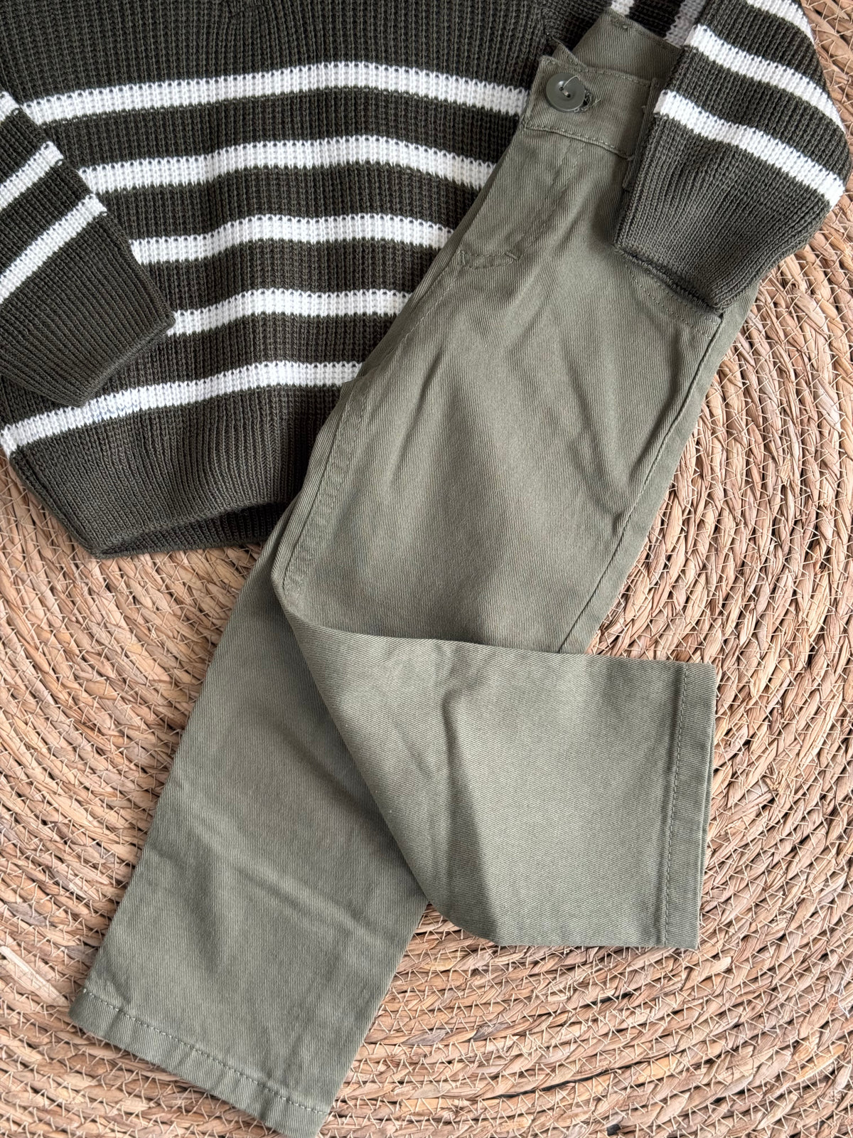 Monochrome Striped Knit Cardigan-Sage green