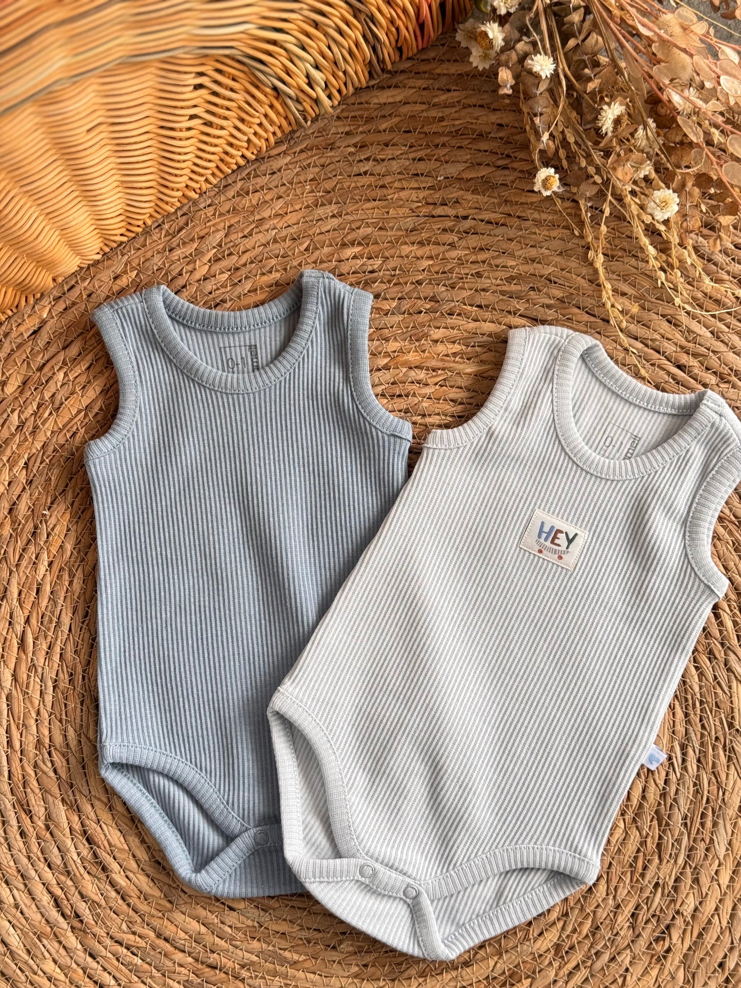 “HEY”Ribbed Sleeveless Bodies Set of 2pcs-Blue