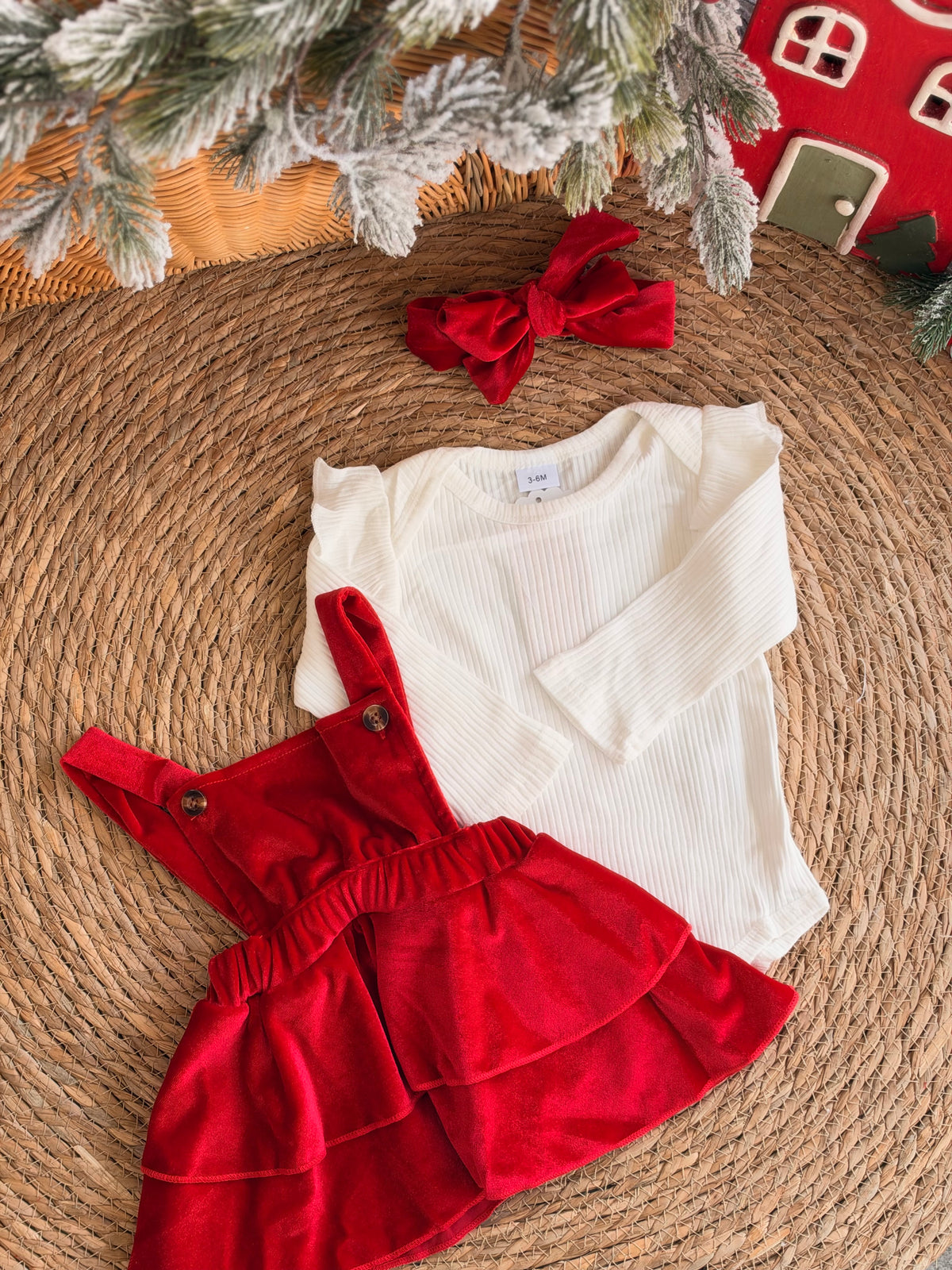 Red Velvet Baby Pinafore Dress With White Blouse & Headband