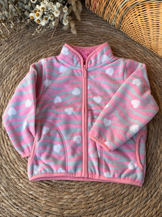 Girls’ Fleece Jacket – Pink Zebra Stripes with White Hearts