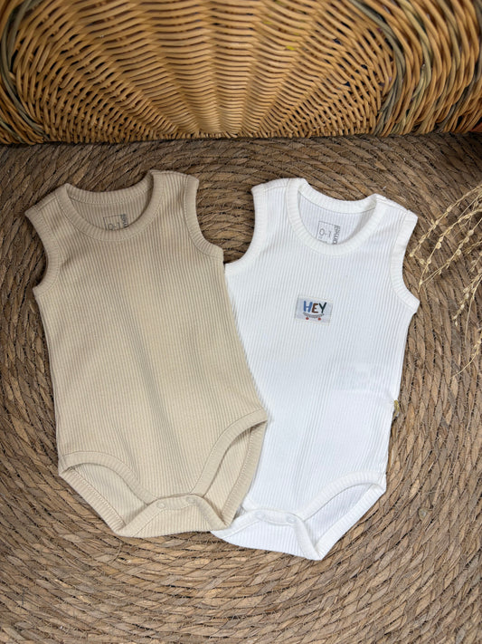 “HEY”Ribbed Sleeveless Bodies Set of 2pcs-Beige