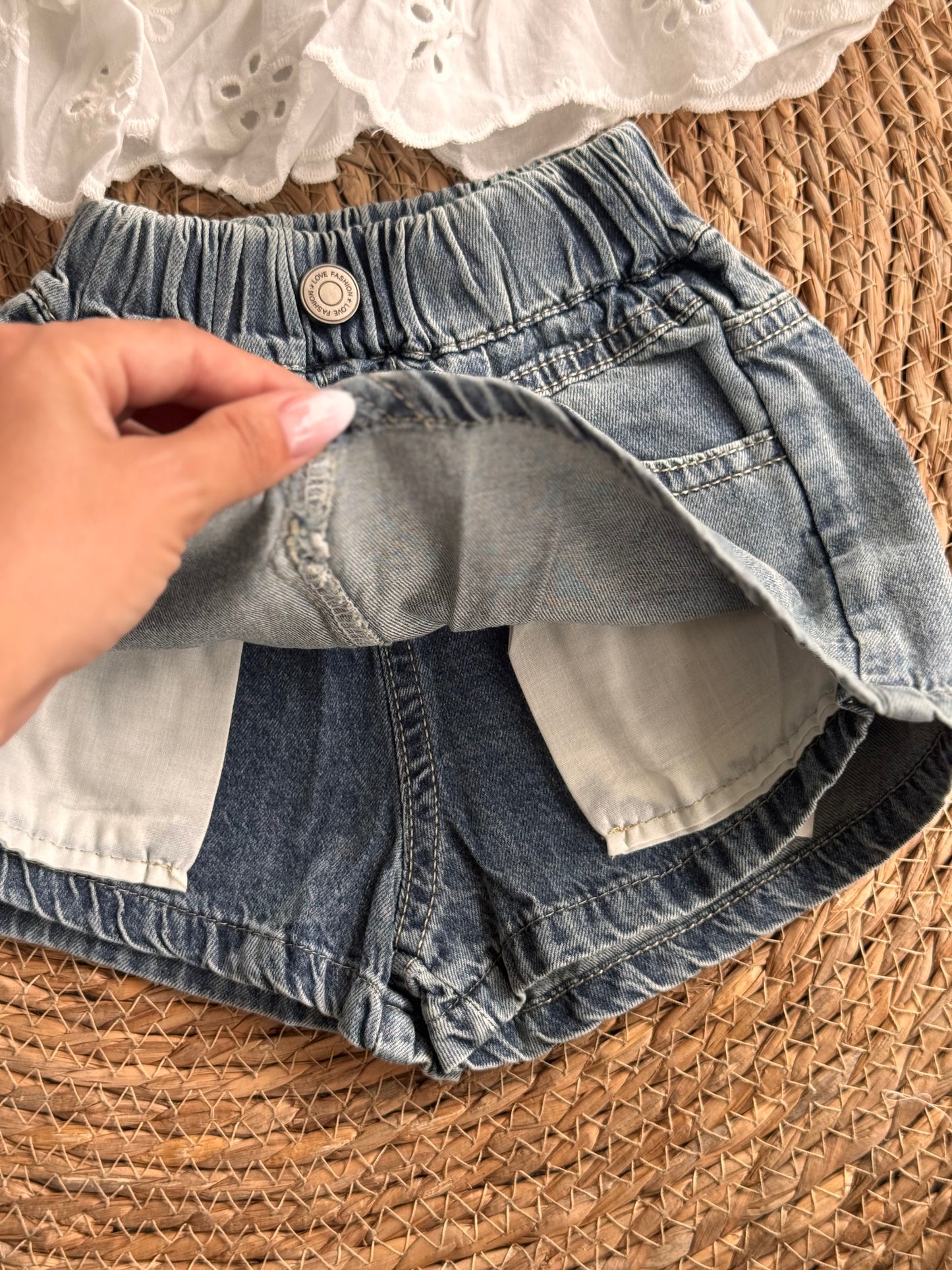 Sweet Eyelet Bead Strap Top & Denim Skort Set
