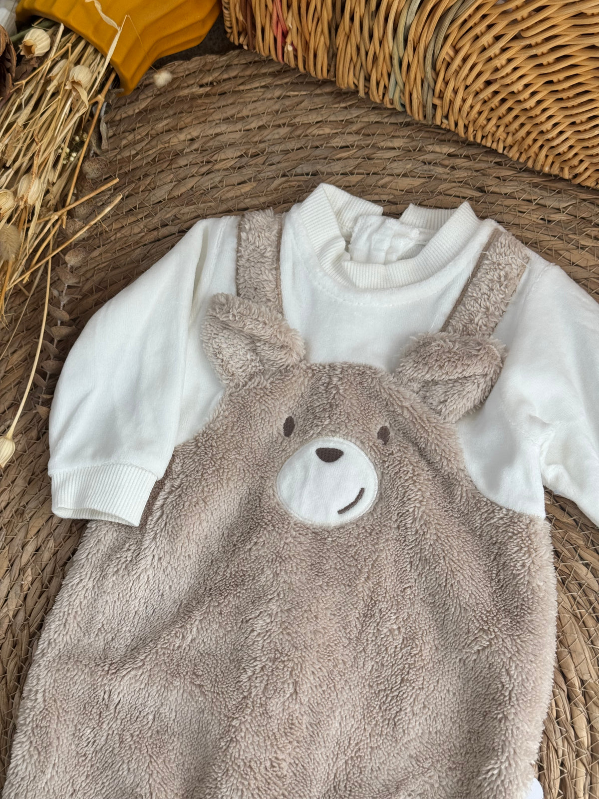 Bear Velvet Overall-Beige
