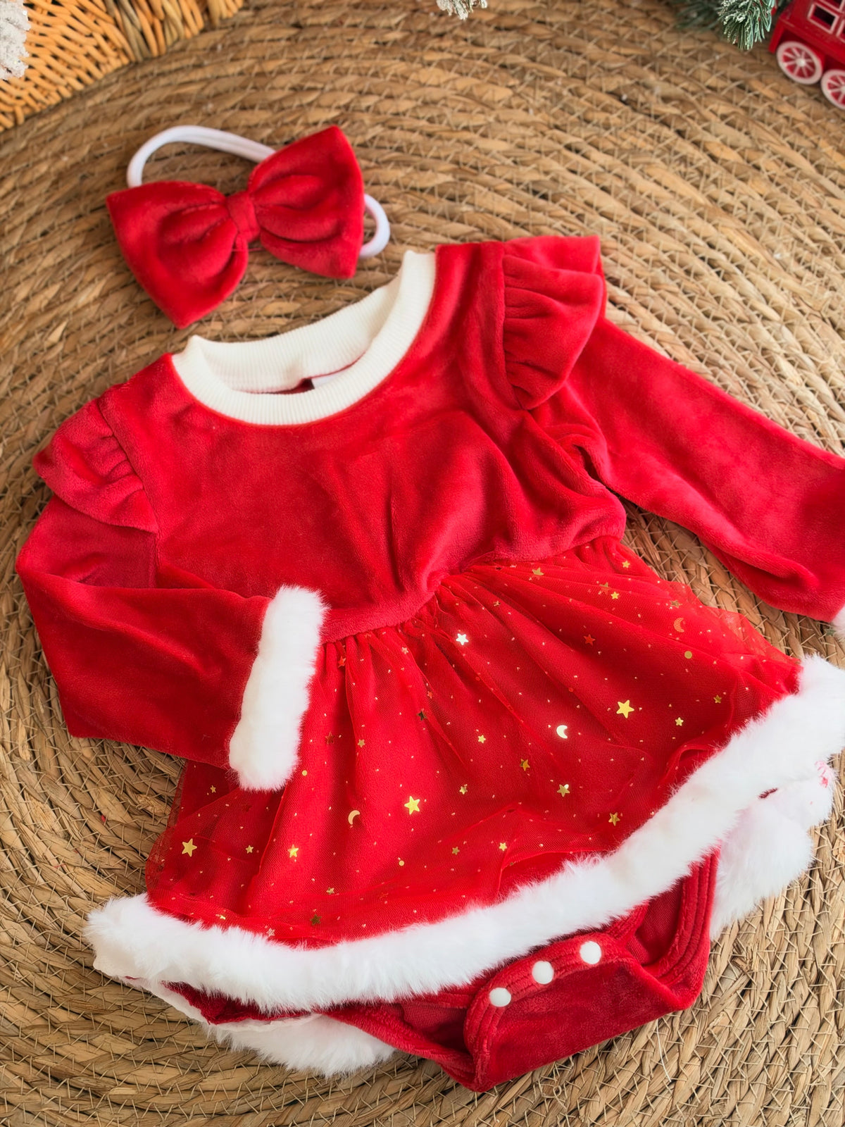 Red Christmas Baby Dress With White Faux Fur Trim
