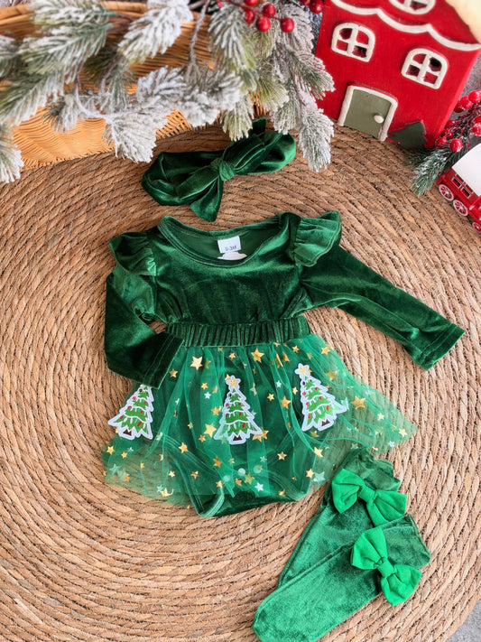 Emerald Christmas Tree Velvet Baby Dress Set-Green