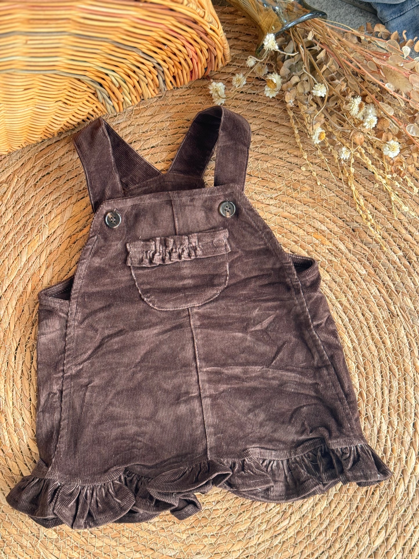 Corduroy Ruffle Overall Dress-Cocoa