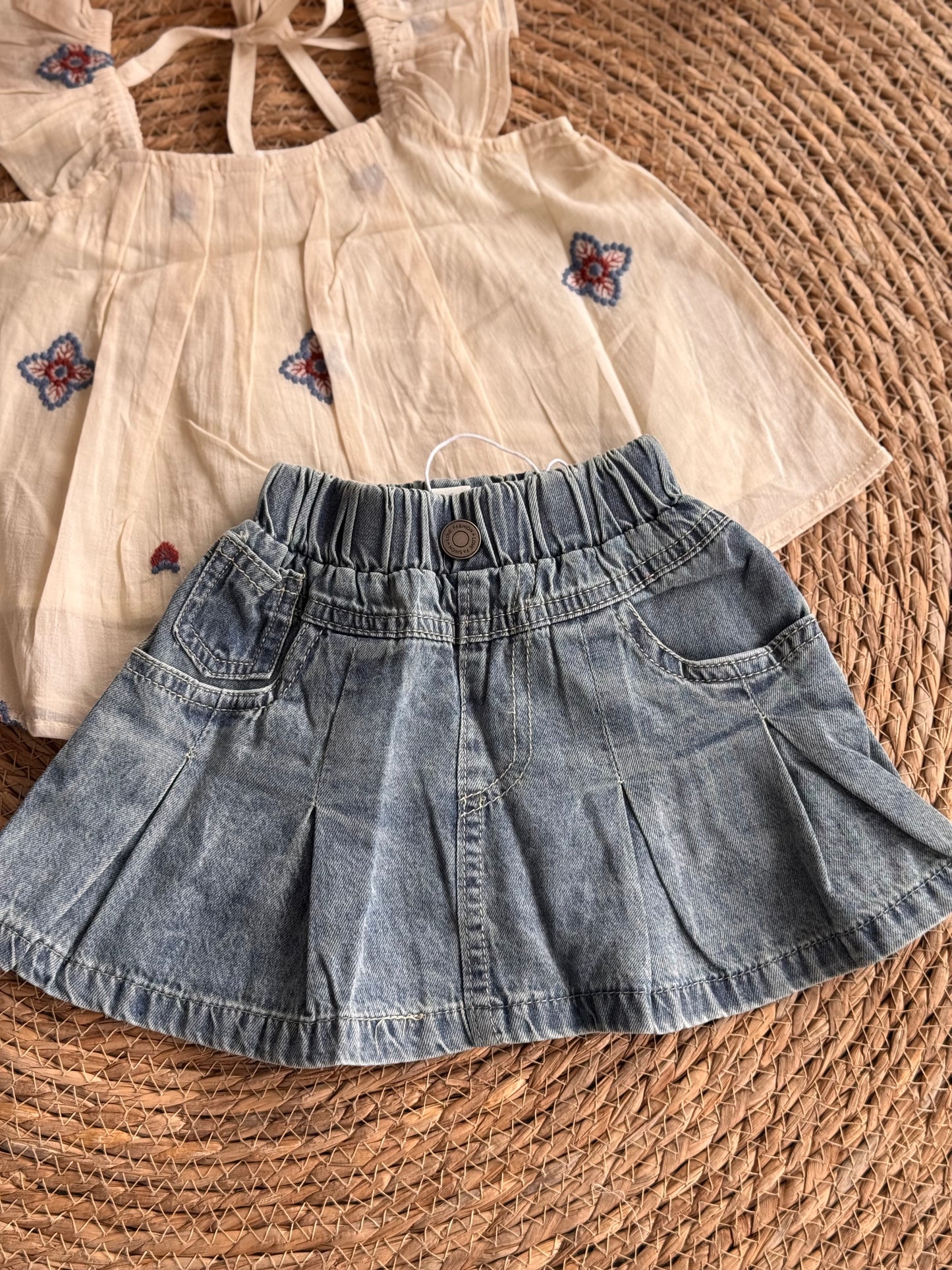 Boho Blossom Embroidered Top & Denim Skirt Set