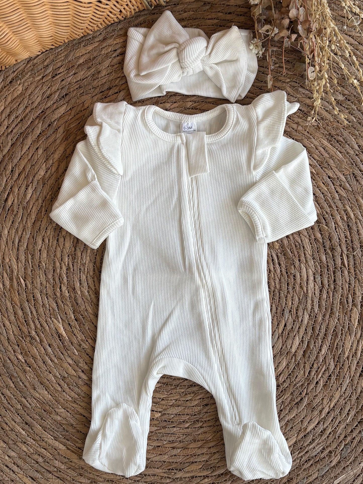 Ribbed Ruffle Footed Overall With Headbands-offwhite