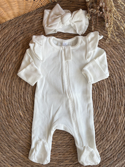 Ribbed Ruffle Footed Overall With Headbands-offwhite