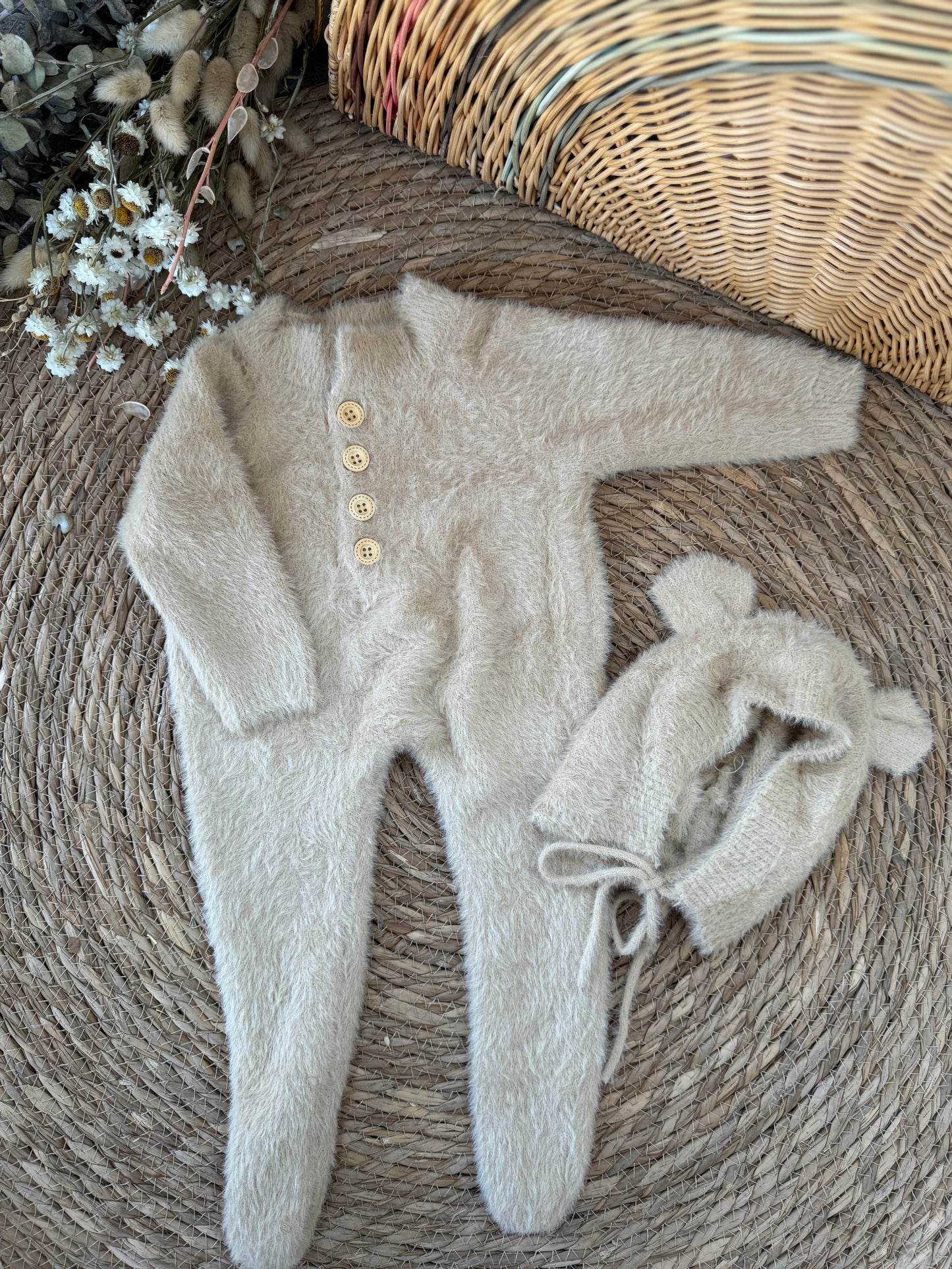 Fluffy Knit Baby Romper with Bonnet