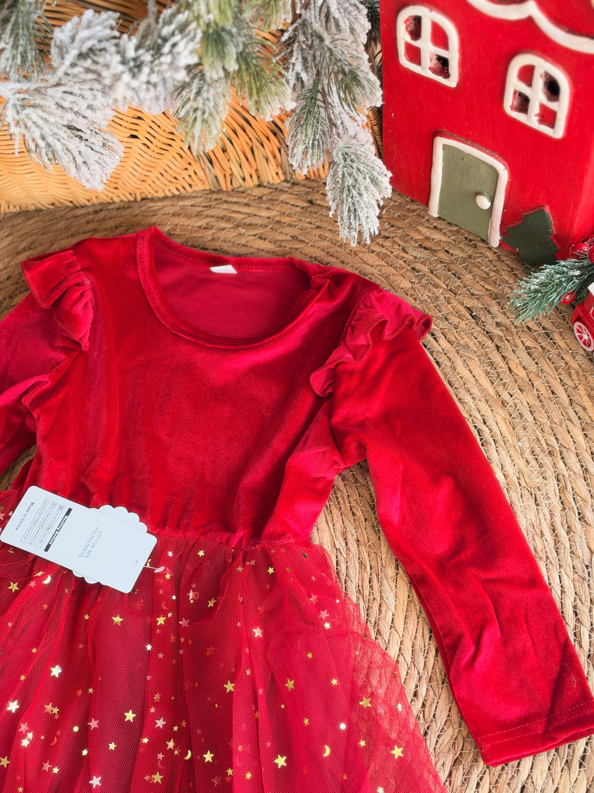 Christmas Red Velvet Dress With Starry Tulle Skirt
