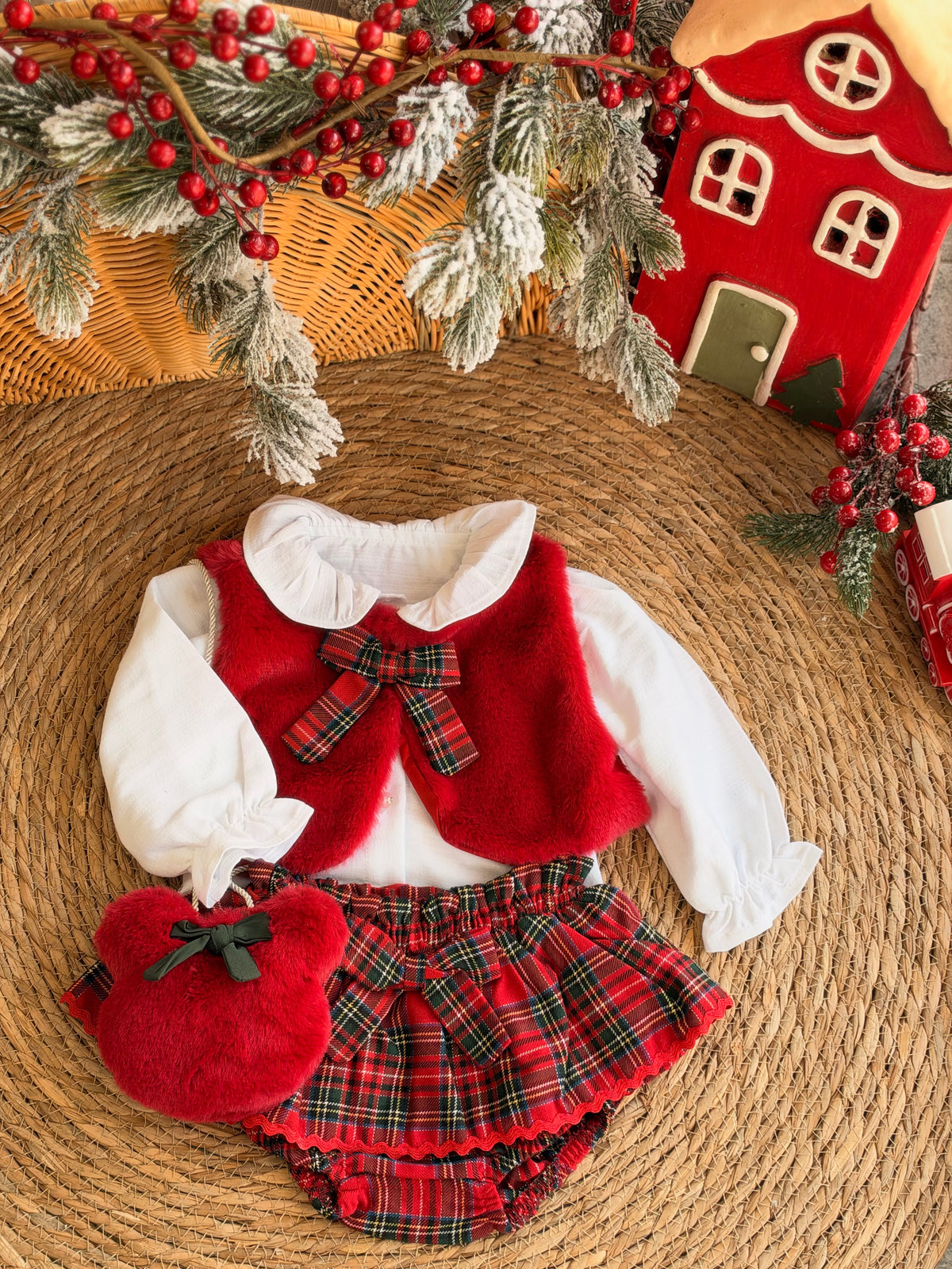 Little Miss Christmas-Red Velvet & Tartan Skirt Set of 4 pcs
