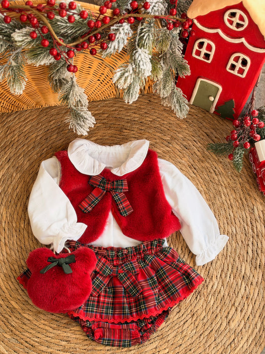 Little Miss Christmas-Red Velvet & Tartan Skirt Set of 4 pcs