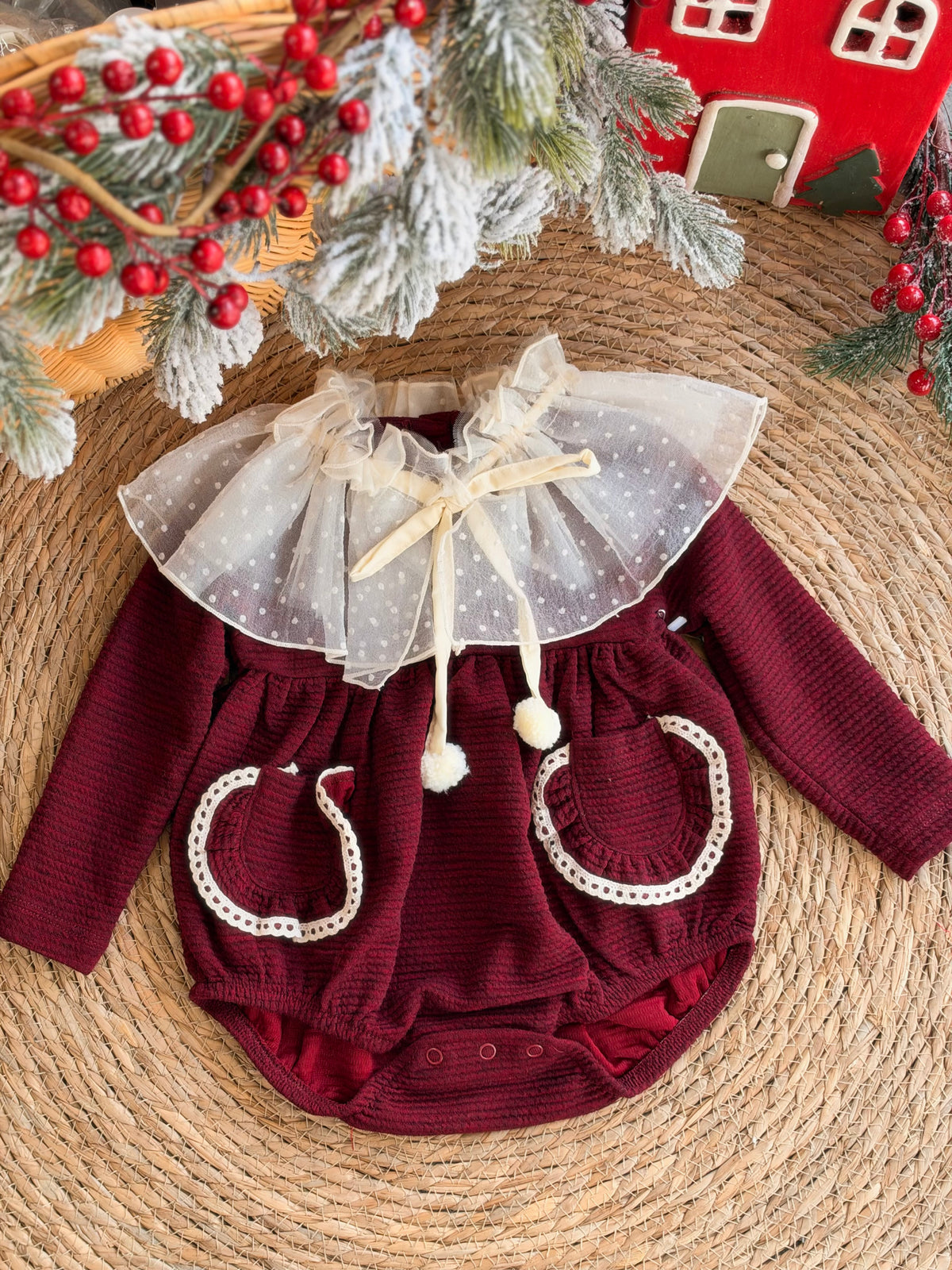 Elegant Burgundy Satin Romper With Sheer Tulle Overlay