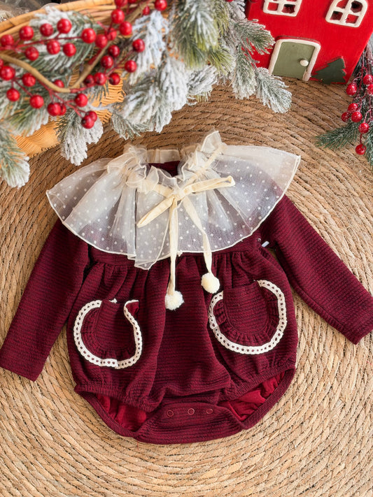 Elegant Burgundy Satin Romper With Sheer Tulle Overlay
